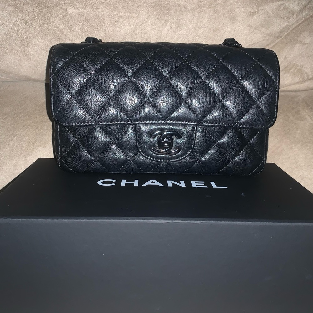 Authentic 17s Crumpled Calfskin So Black Rectangular Mini